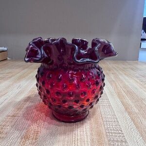 Vintage Fenton Art Glass Ruby Red Hobnail Ruffled 5” diameter, 4 1/4” tall Vase